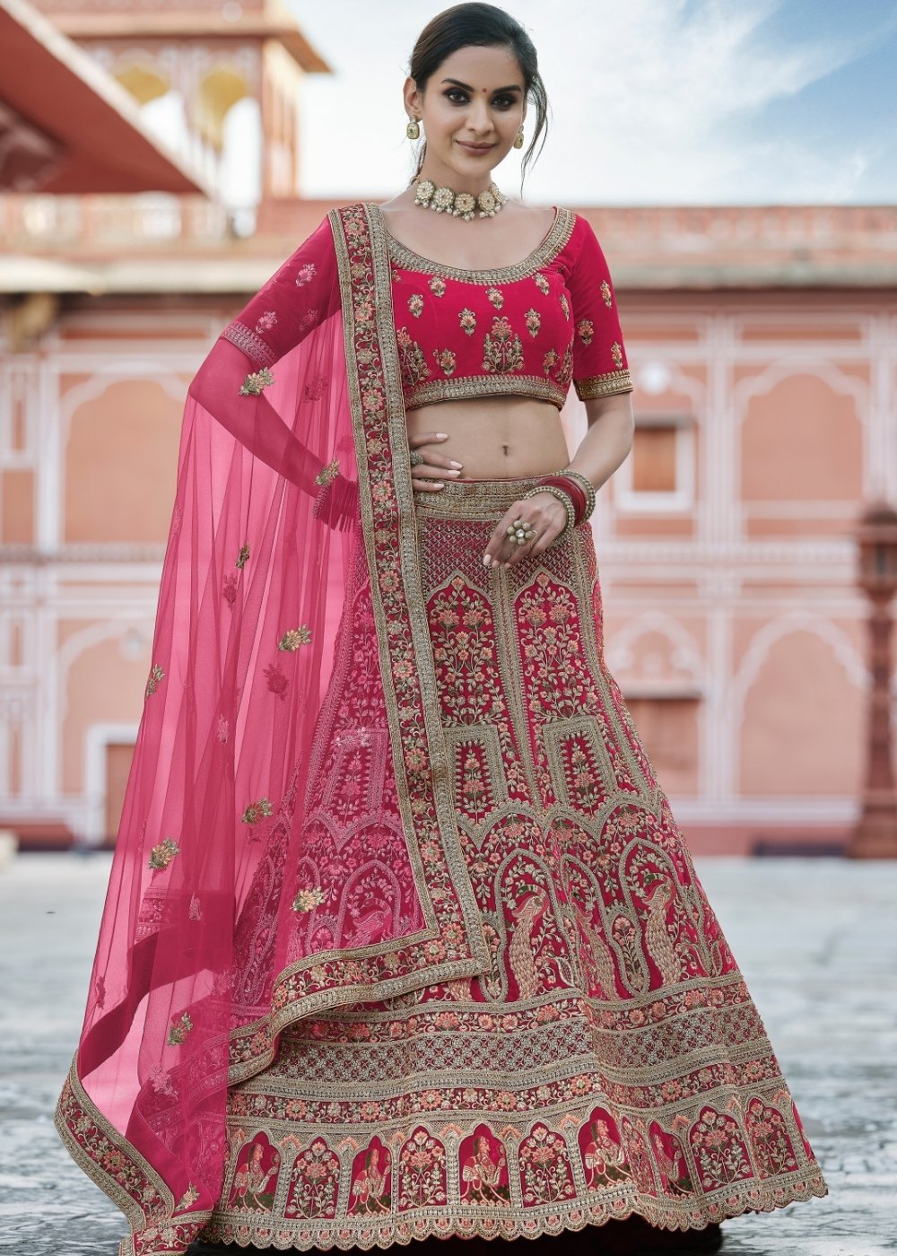 Cerise Pink Velvet Lehenga Choli Having Heavy Embroidery & Hand work: Bridal Edition Clothsvilla Main image