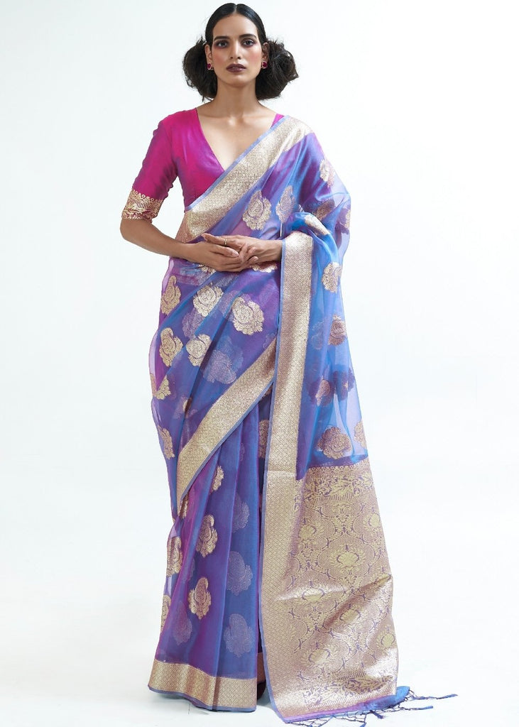 Lotus Blue Designer Woven Organza Silk Saree Clothsvilla