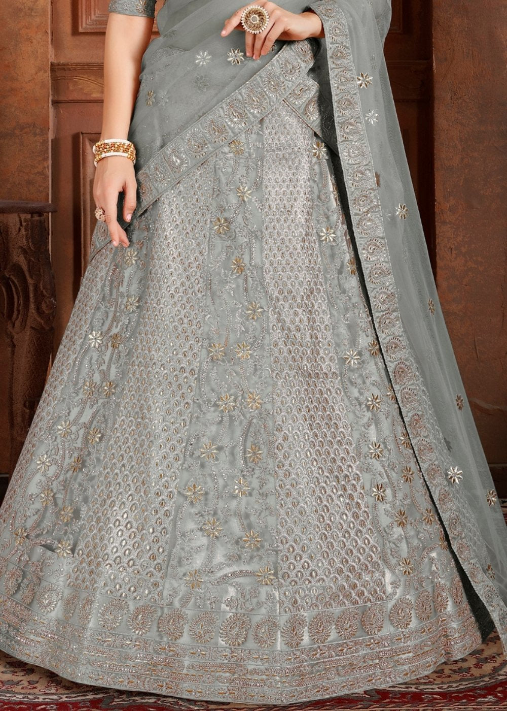 Trout Grey Soft Net Lehenga Choli with Thread,Zari, Zarkan & Pearl work Clothsvilla