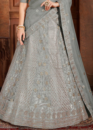 Trout Grey Soft Net Lehenga Choli with Thread,Zari, Zarkan & Pearl work Clothsvilla