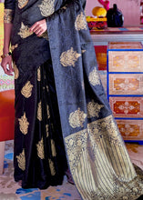 Load image into Gallery viewer, Soot Black Satin Silk Saree with overall Golden Butti Clothsvilla