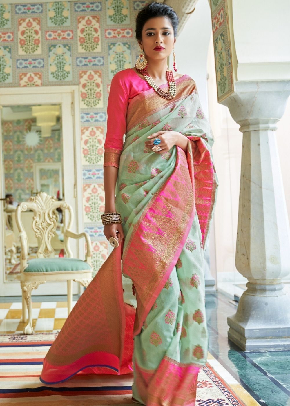 Mint Green Woven Linen Silk Saree with Butti overall Secondary image