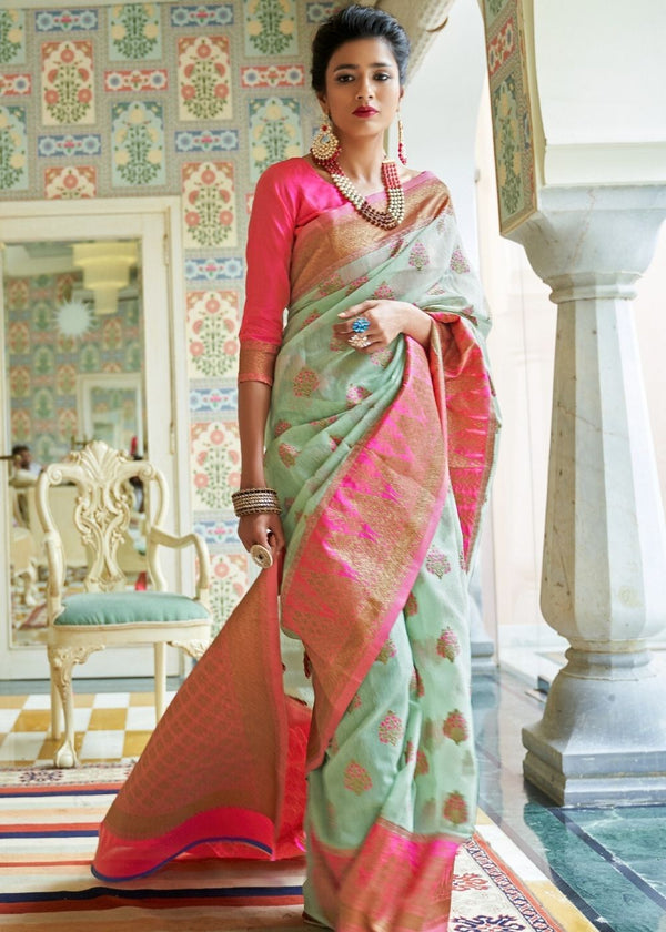 Mint Green Woven Linen Silk Saree with Butti overall Clothsvilla