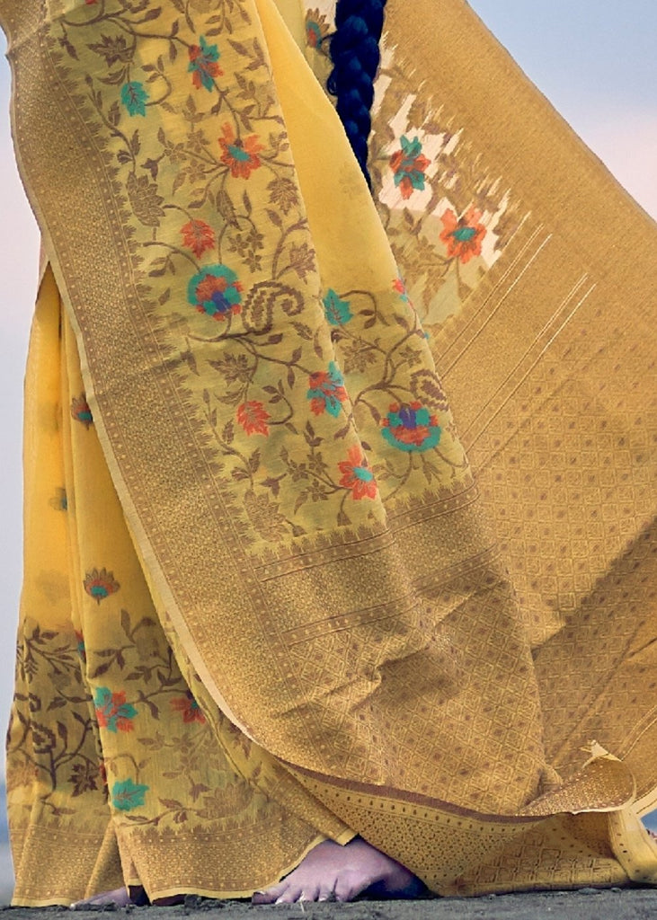 Tuscany Yellow Woven Linen Silk Saree with Floral Motif on Pallu and Border Clothsvilla