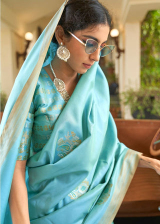 Sky Blue Zari Butta Banarasi-Chanderi Fusion Silk Saree Clothsvilla