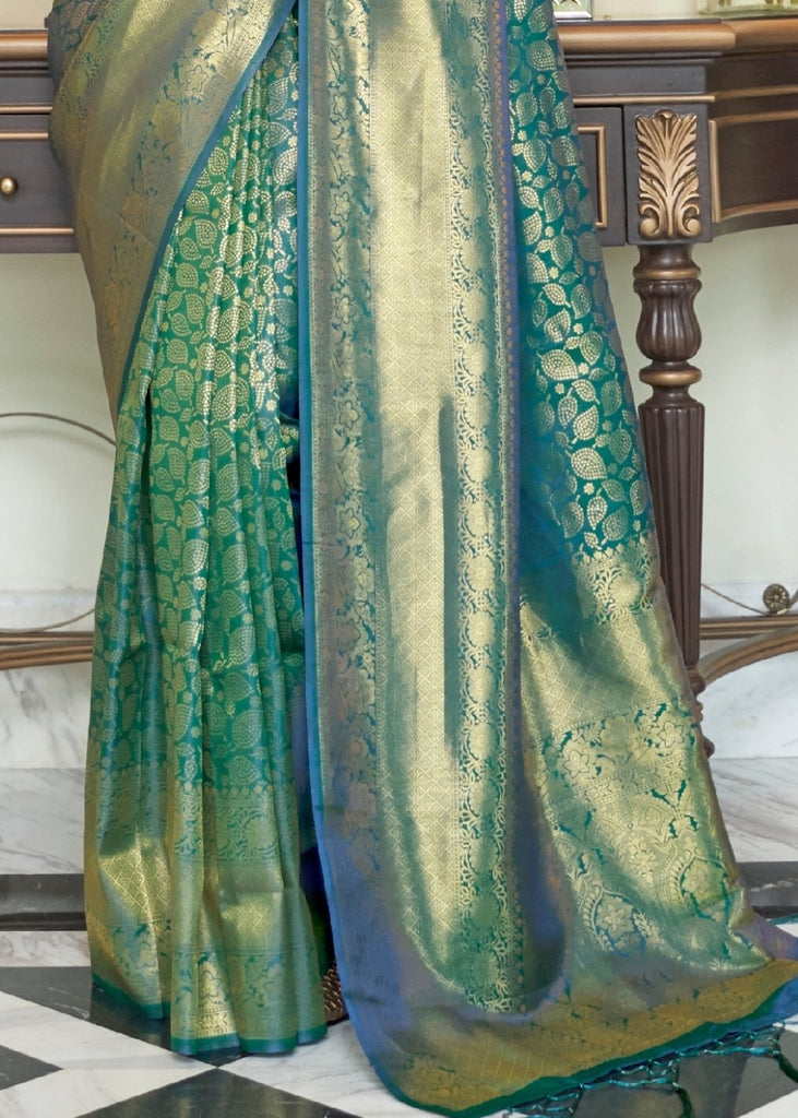 Castleton Green Zari Woven Kanjivaram Silk Saree with Tassels on Pallu Clothsvilla