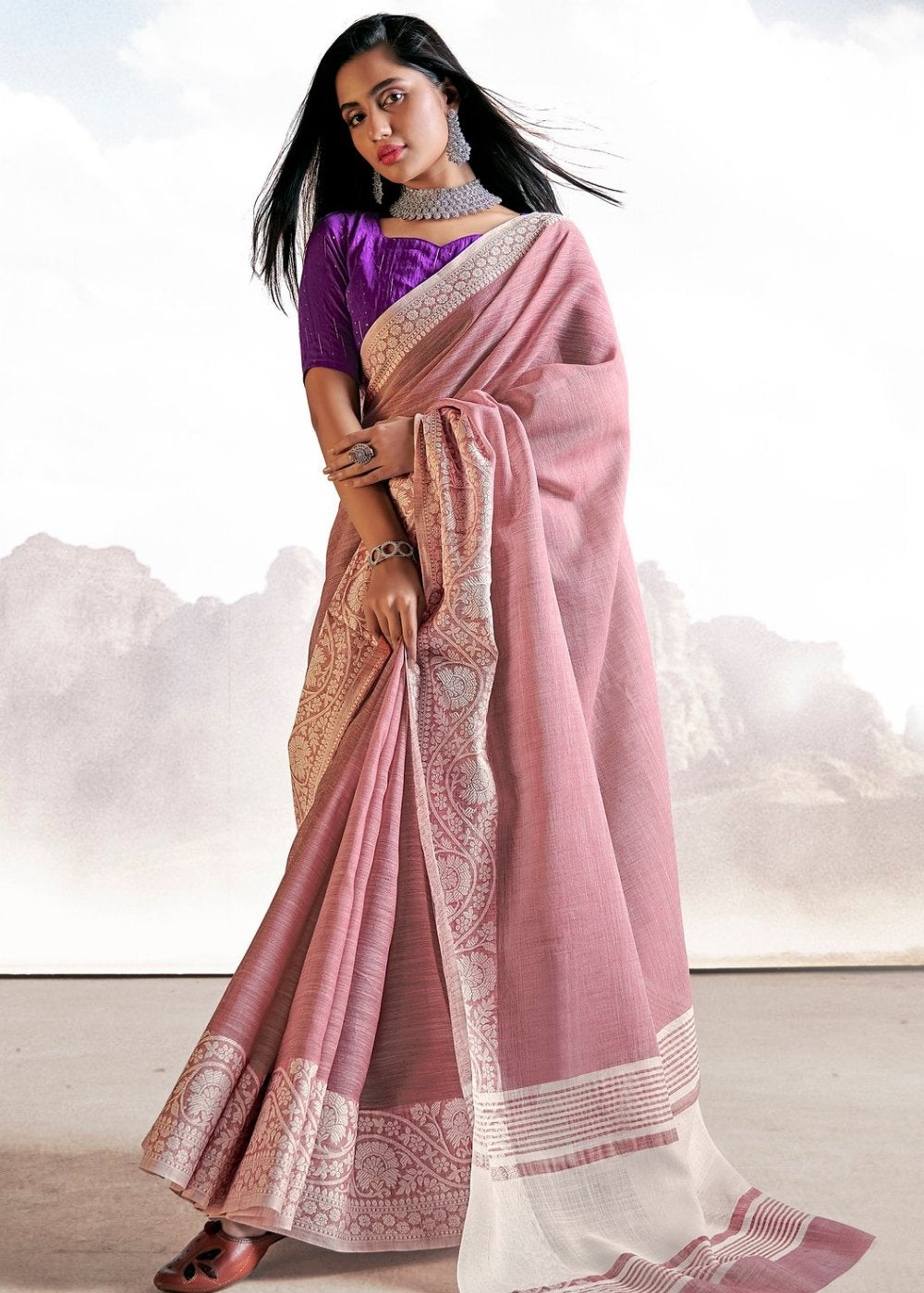 Light Lilac Purple Soft Linen Silk Saree with Lucknowi work and Sequence Blouse Clothsvilla Main image