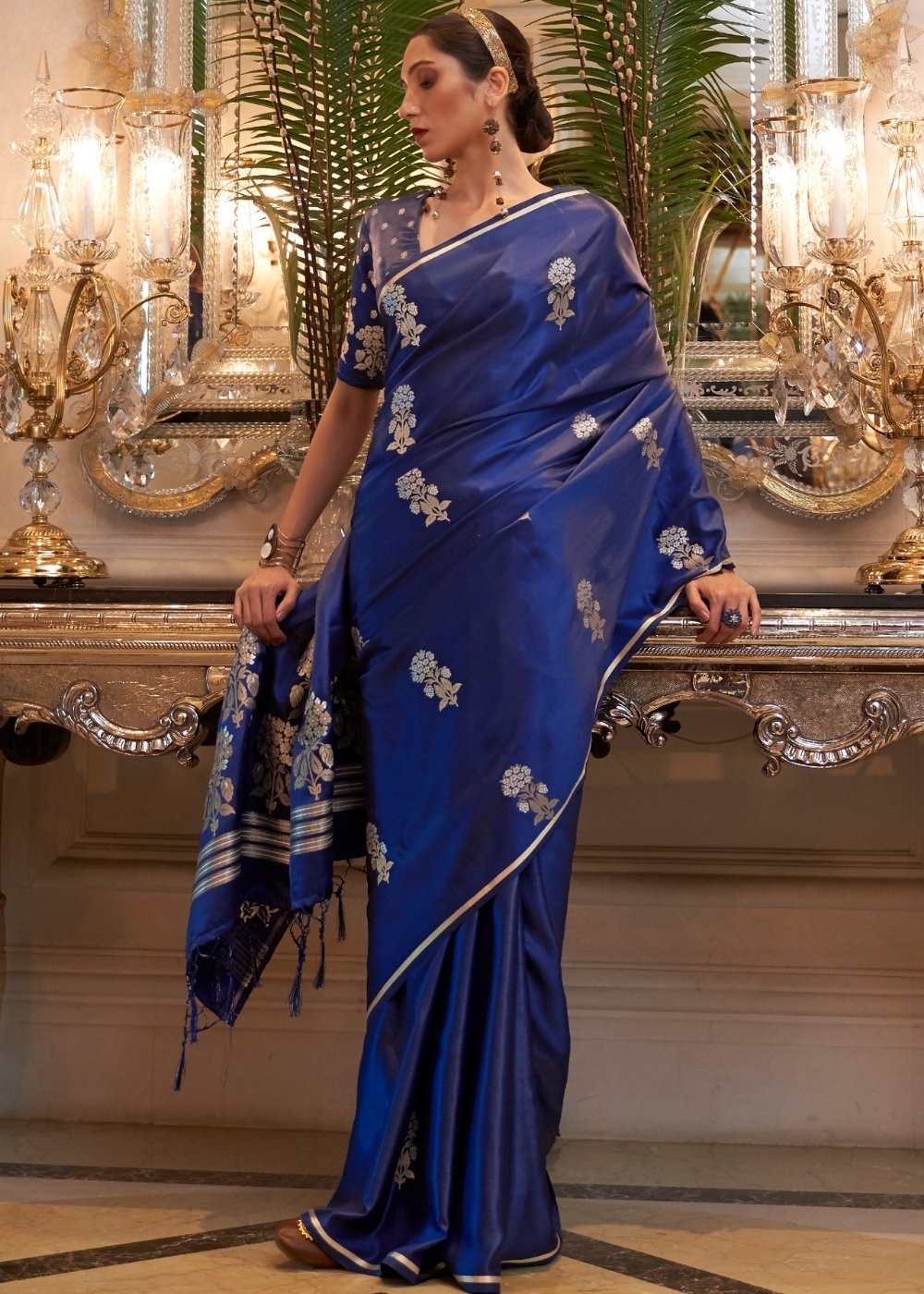 Midnight Blue Designer Satin Silk Saree Clothsvilla