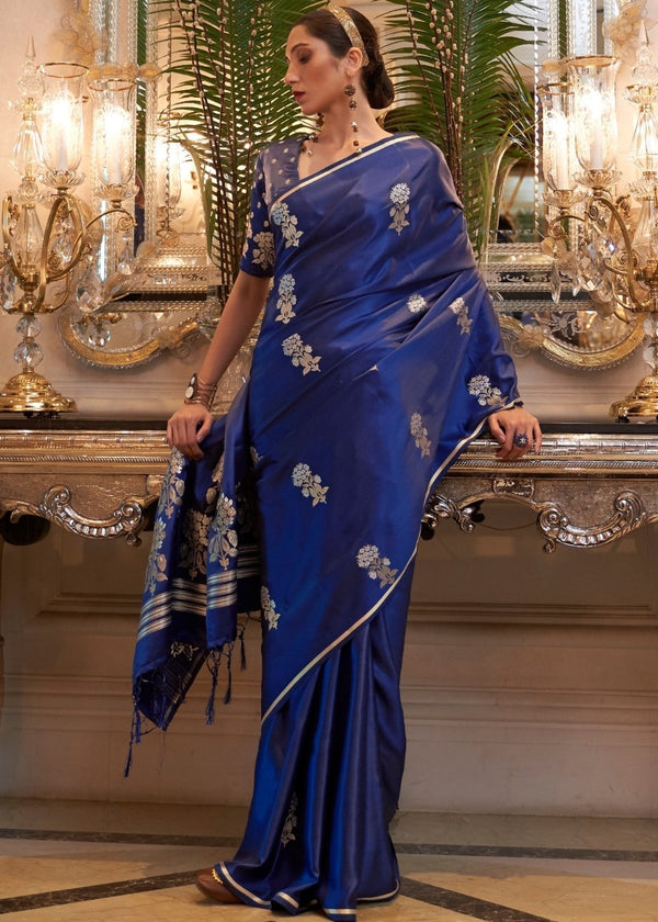 Midnight Blue Designer Satin Silk Saree Clothsvilla