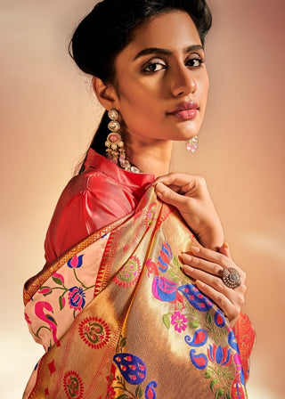 Salmon Pink Woven Banarasi Paithani Silk Saree Clothsvilla