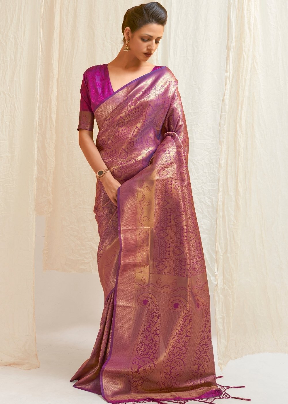 Deep Purple & Golden Blend Kanjivaram Silk Saree Clothsvilla Main image