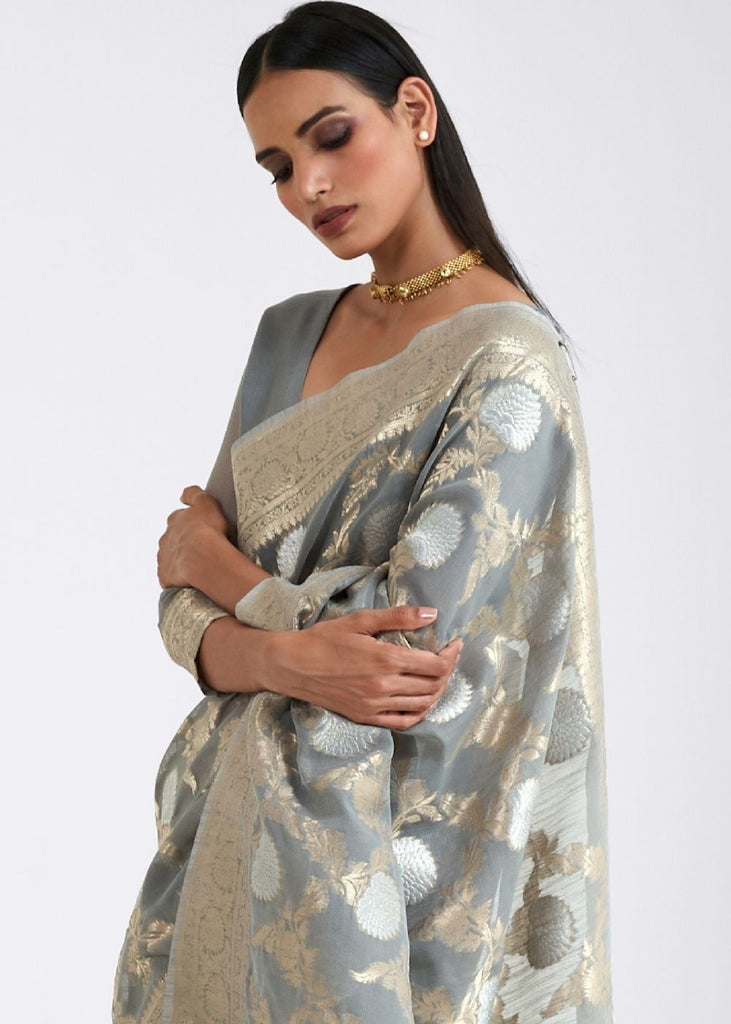 Seal Grey Zari Woven Linen Silk Saree Clothsvilla