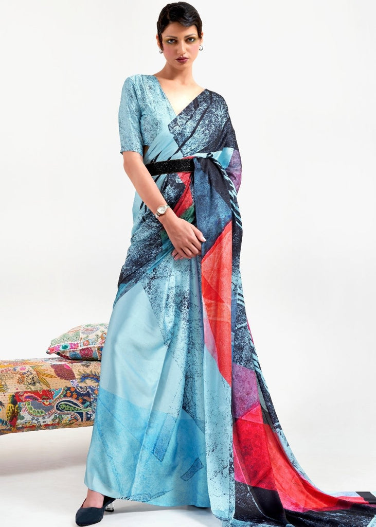 Sky Blue Digital Printed Satin Crepe Saree Clothsvilla