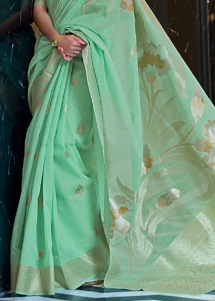 Fern Green Zari Woven Linen Silk Saree Clothsvilla