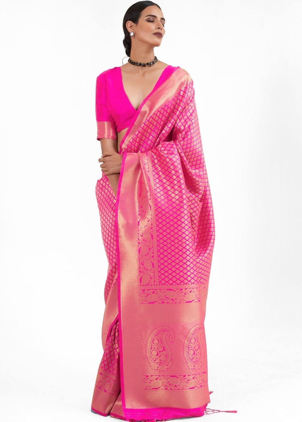 Hot Pink Kanjivaram Soft Woven Silk Saree Clothsvilla Main image