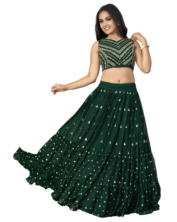 Bottle Green Designer Ruffle Lehenga Choli with Embroidery Work ClothsVilla
