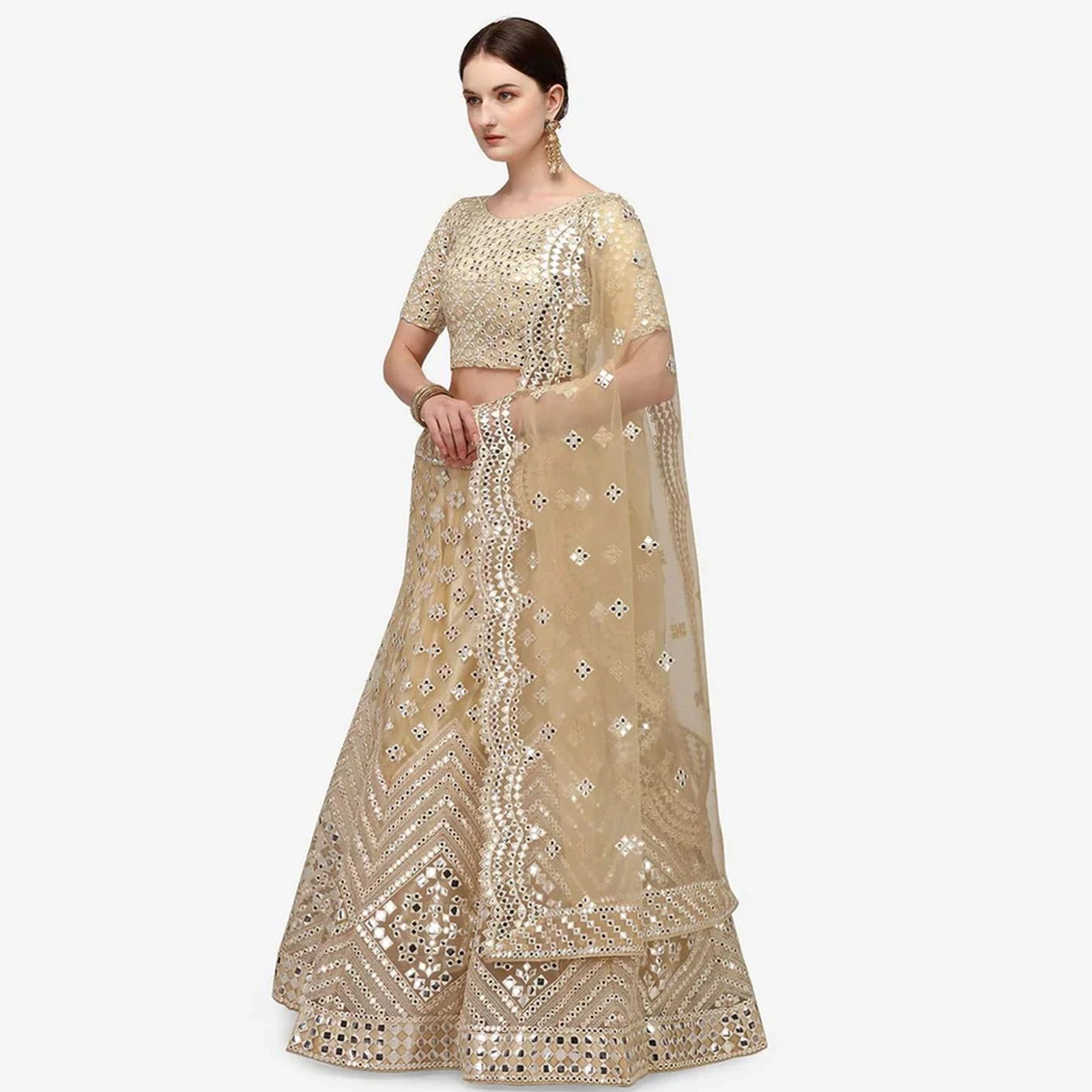 All Gold Soft Heavy Net Lehenga Choli with Foil Mirror and Resham Thread Work ClothsVilla
