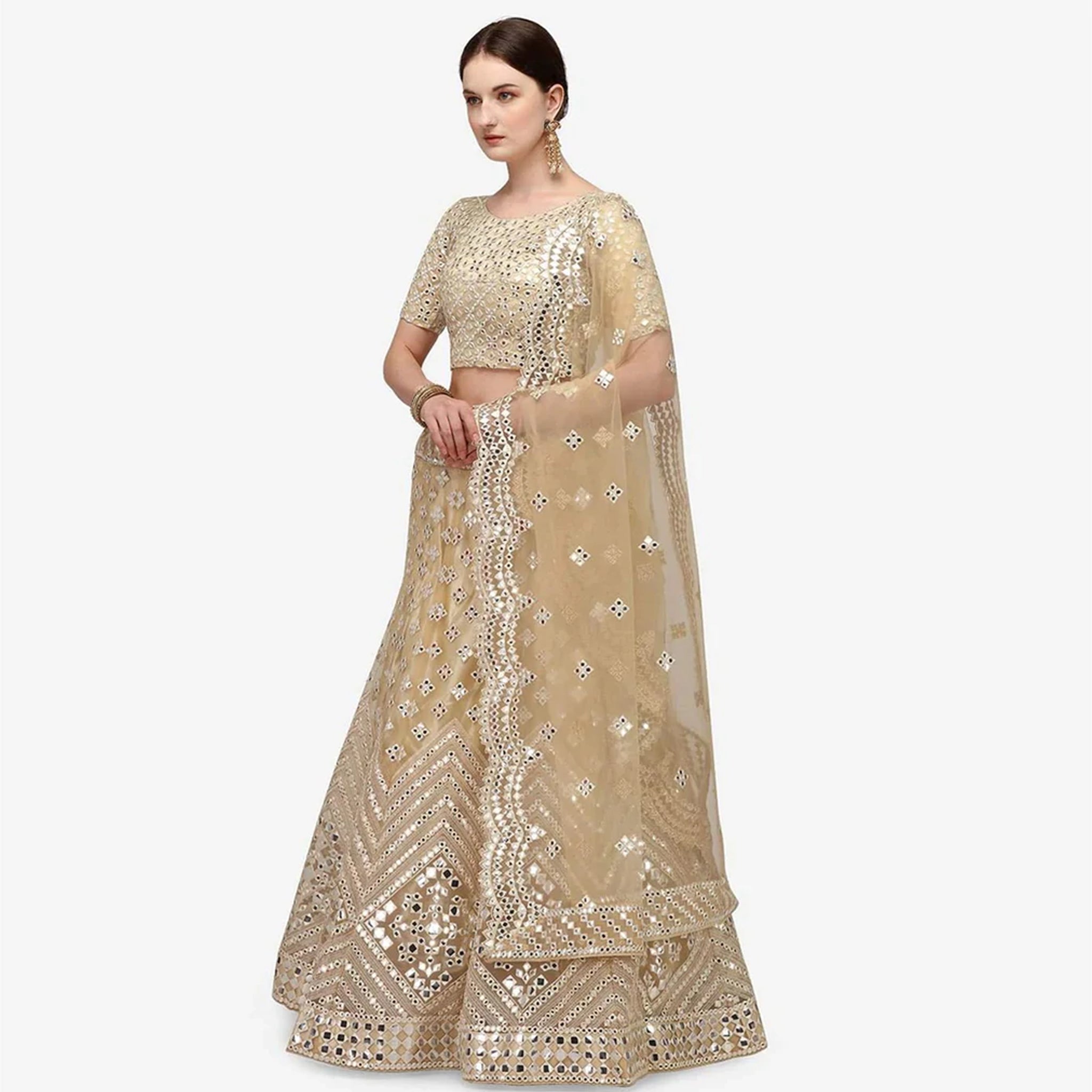 All Gold Soft Heavy Net Lehenga Choli with Foil Mirror and Resham Thread Work ClothsVilla