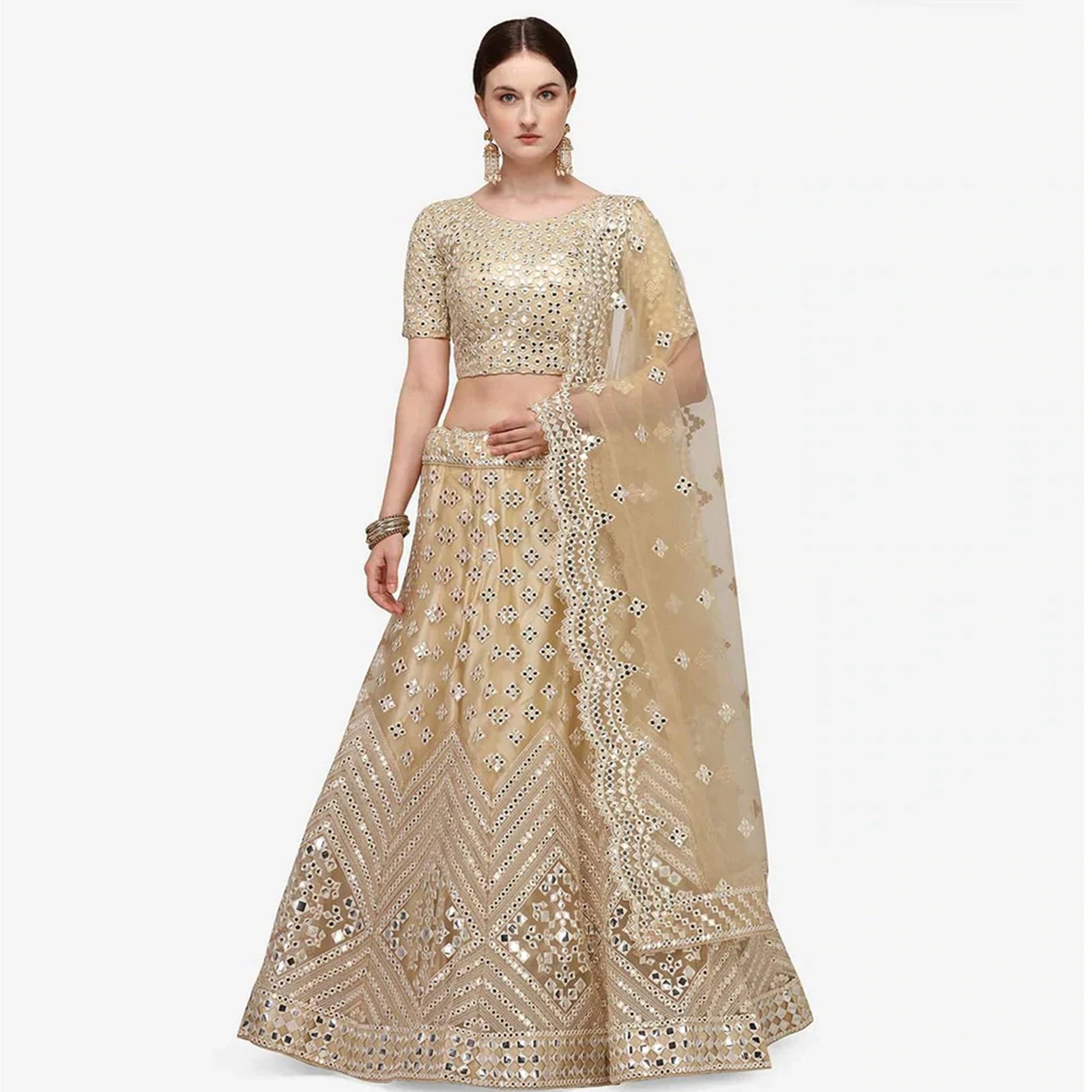All Gold Soft Heavy Net Lehenga Choli with Foil Mirror and Resham Thread Work ClothsVilla
