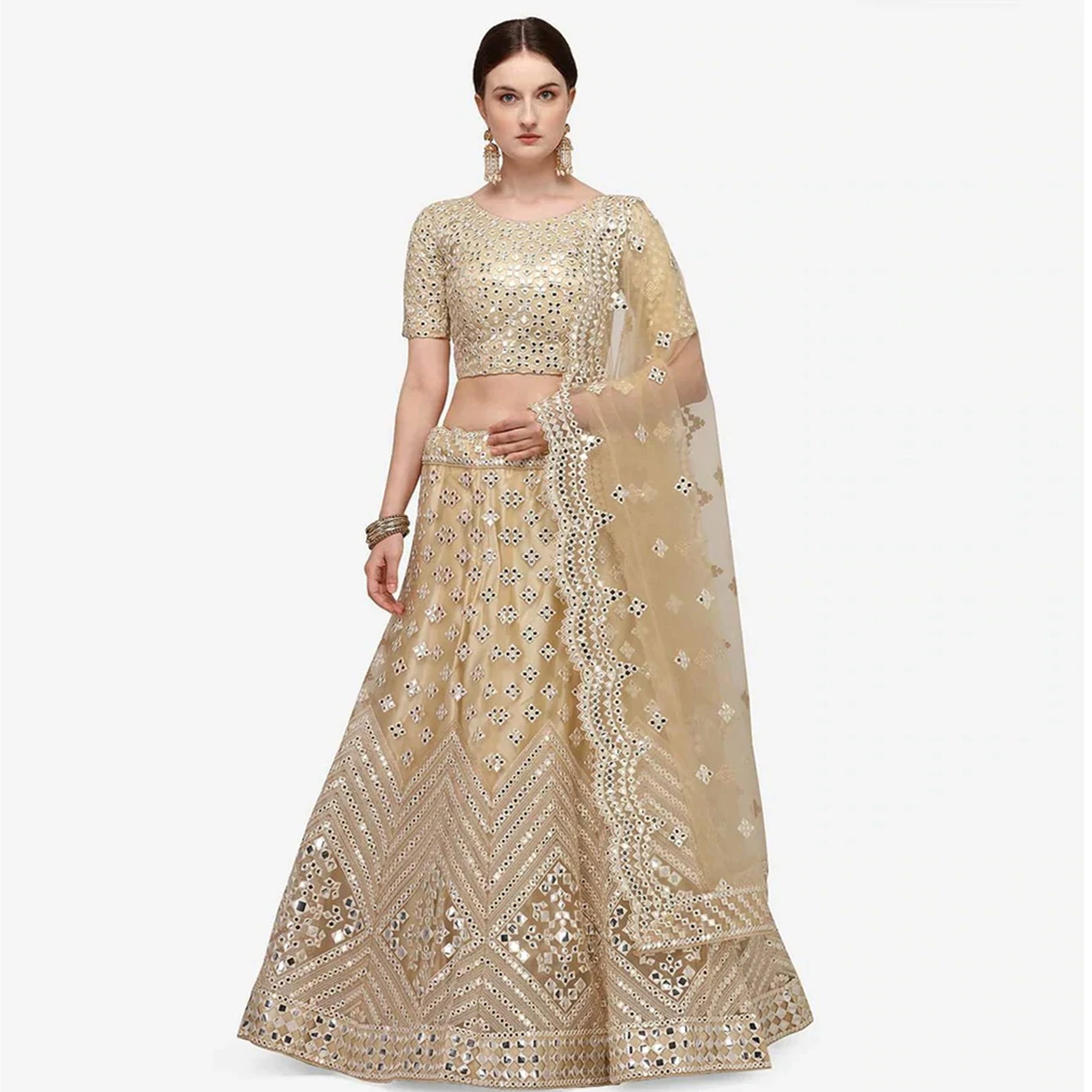 All Gold Soft Heavy Net Lehenga Choli with Foil Mirror and Resham Thread Work ClothsVilla