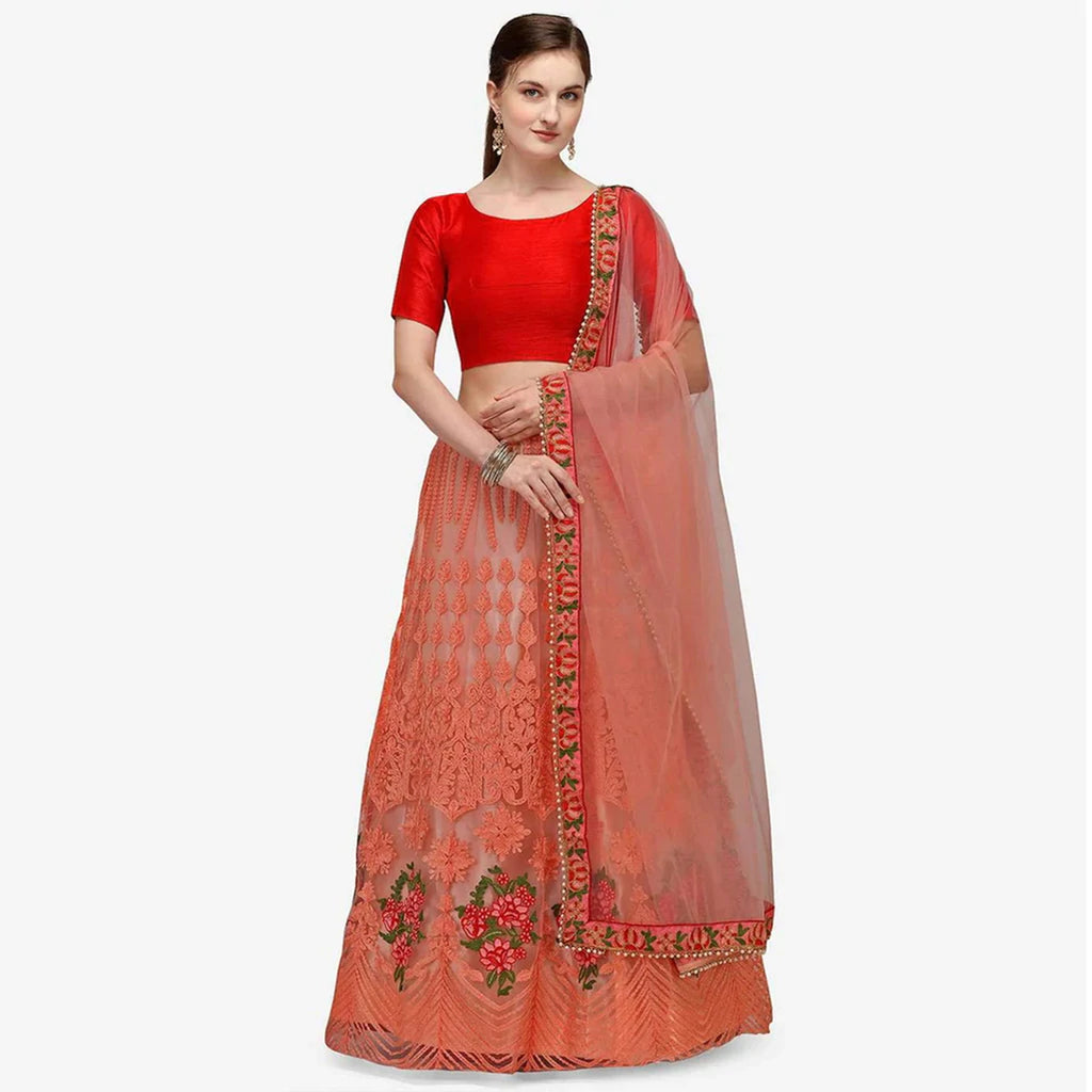 All Red Net Lehenga Choli with Embroidery Work ClothsVilla