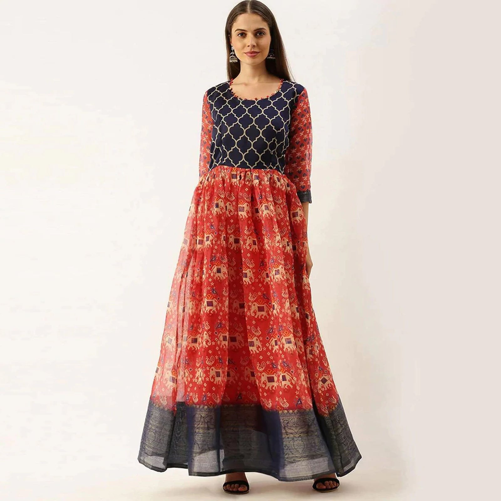 Blue and Red Combination Cotton Gown ClothsVilla
