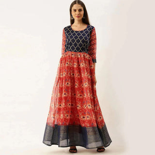 Blue and Red Combination Cotton Gown ClothsVilla