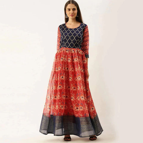 Blue and Red Combination Cotton Gown ClothsVilla Main image