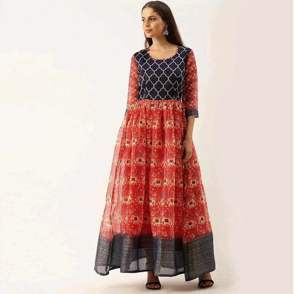Blue and Red Combination Cotton Gown ClothsVilla