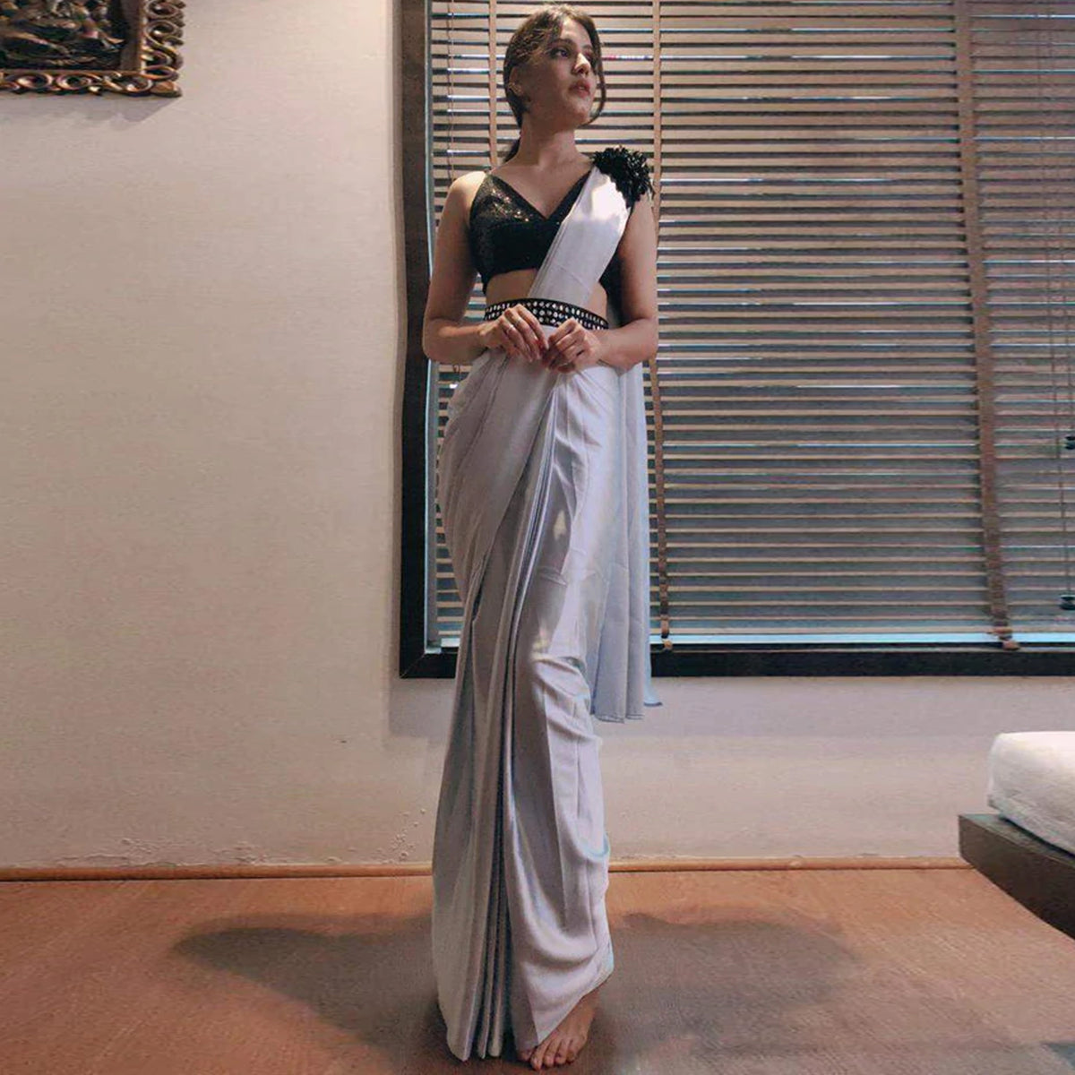 Grey colored Readymade Satin Saree with Patch and Designer Belt ClothsVilla Main image