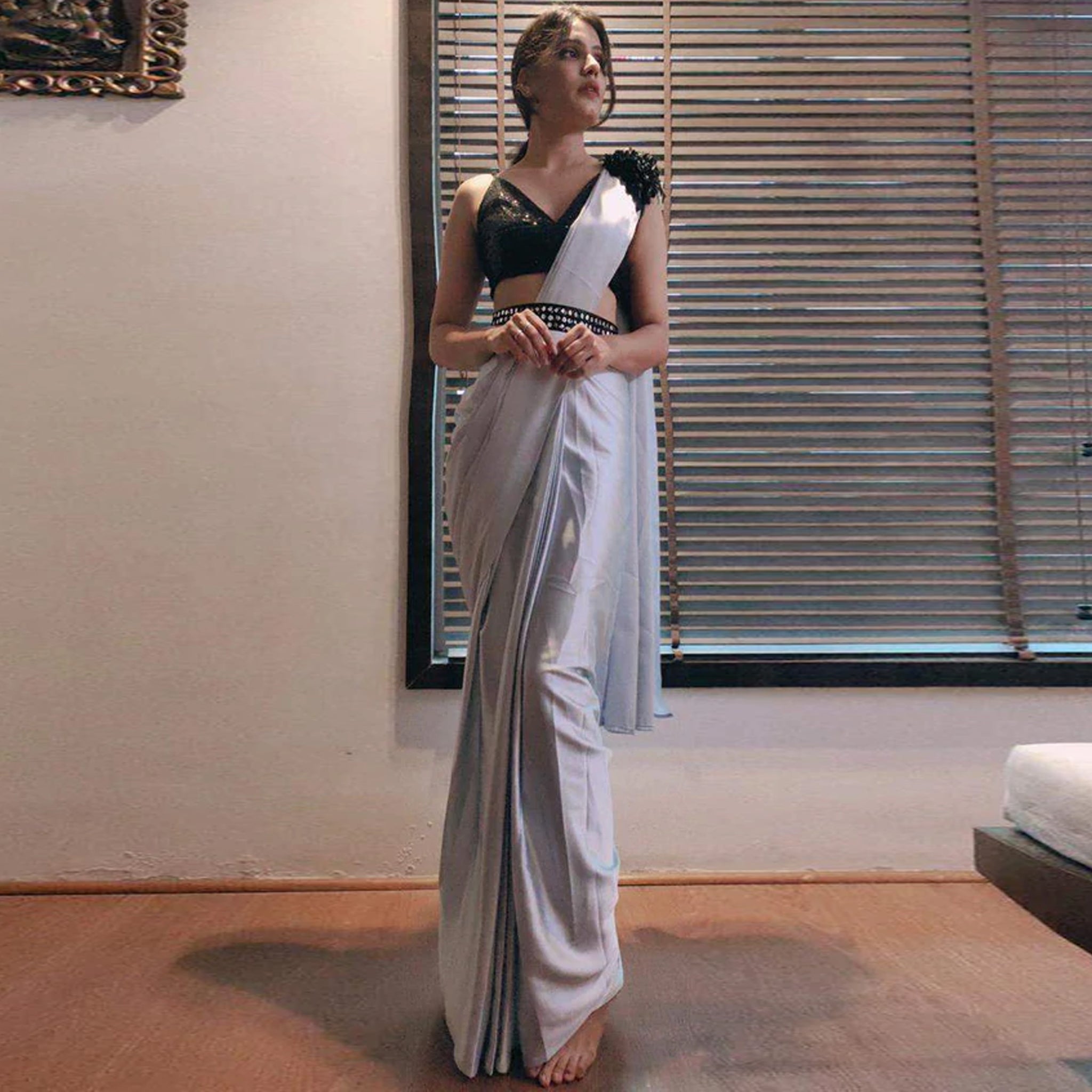 Grey colored Readymade Satin Saree with Patch and Designer Belt ClothsVilla Main image