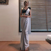 Load image into Gallery viewer, Grey colored Readymade Satin Saree with Patch and Designer Belt ClothsVilla