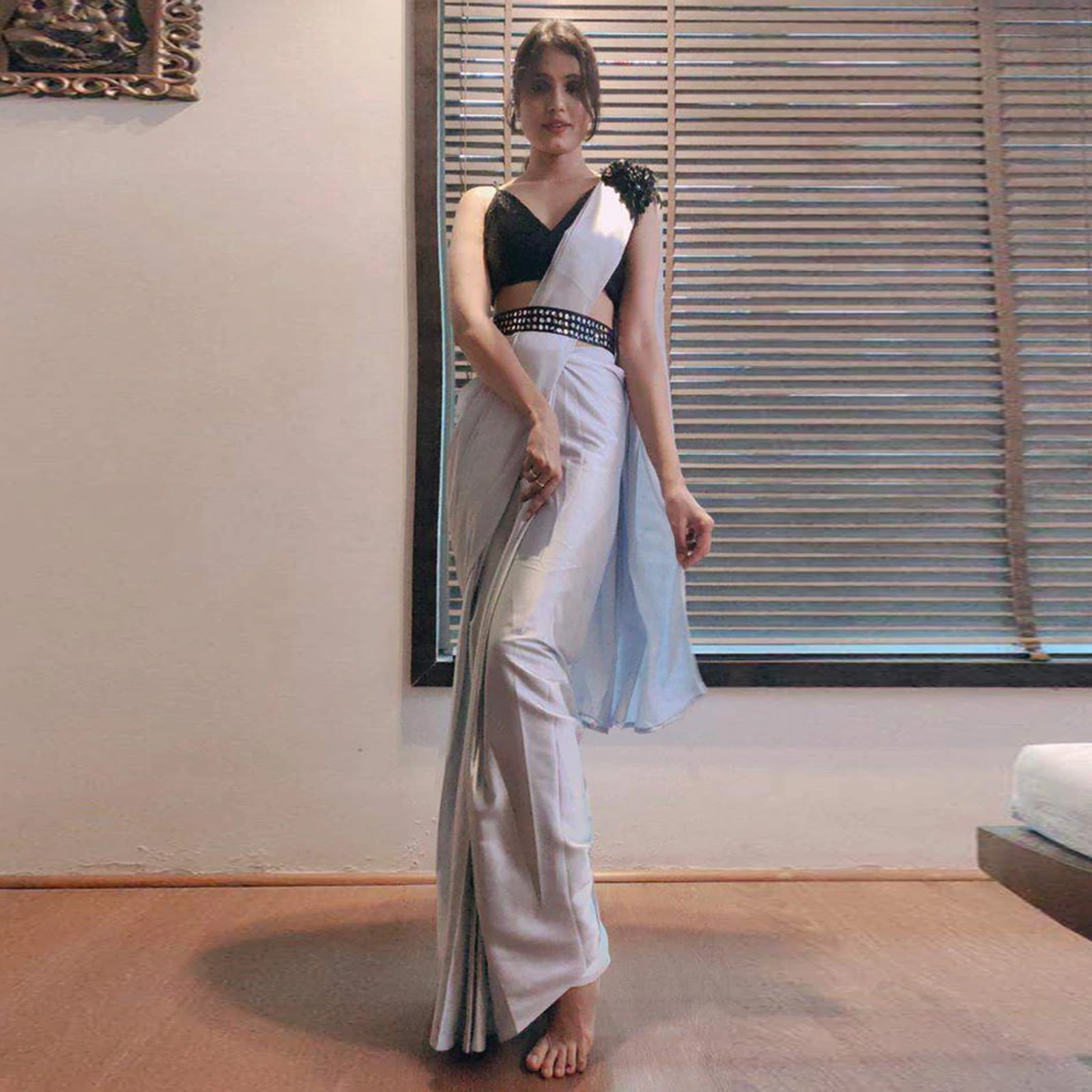 Grey colored Readymade Satin Saree with Patch and Designer Belt ClothsVilla