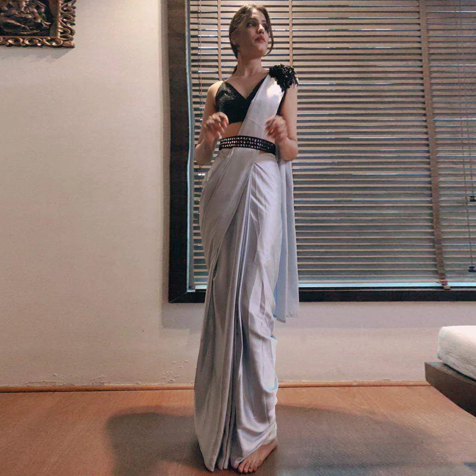 Grey colored Readymade Satin Saree with Patch and Designer Belt ClothsVilla