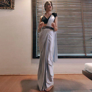 Grey colored Readymade Satin Saree with Patch and Designer Belt ClothsVilla