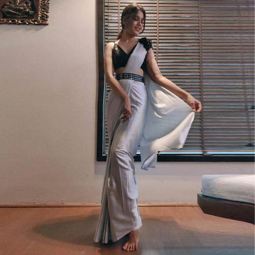 Grey colored Readymade Satin Saree with Patch and Designer Belt ClothsVilla