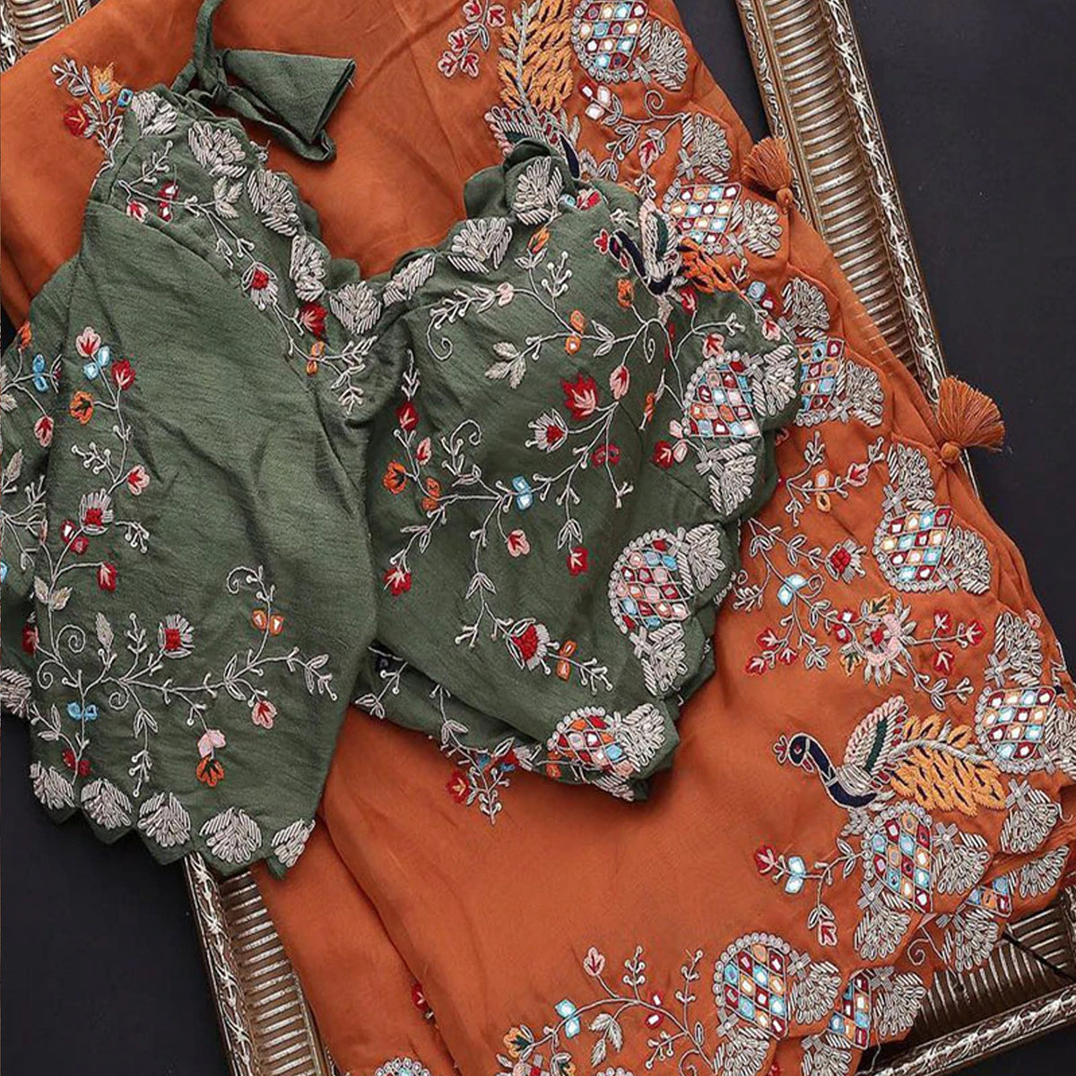 Beautiful Organza Orange Saree with Embroidery work and Contrast matching Mehendi Blouse ClothsVilla Main image