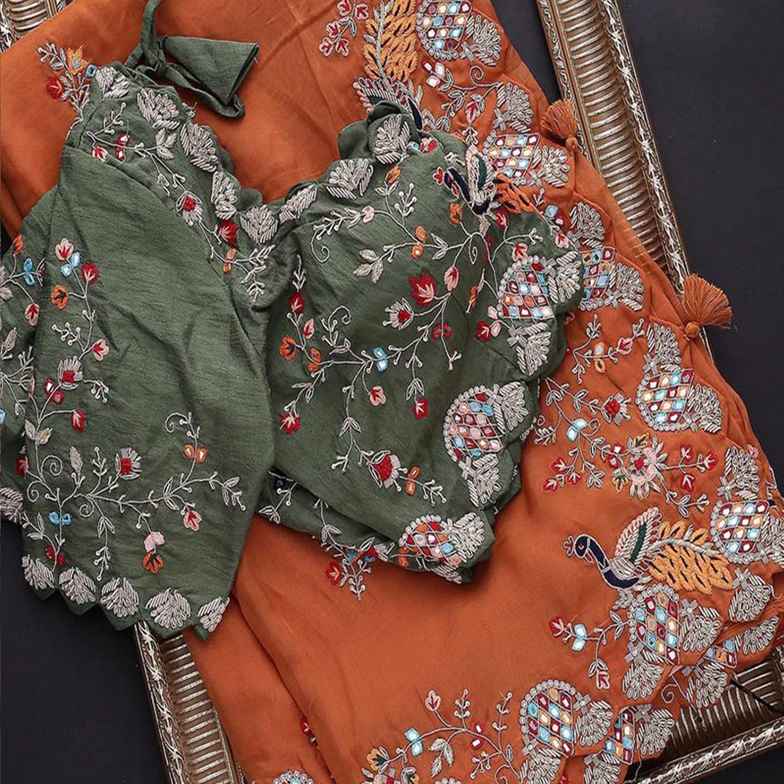Beautiful Organza Orange Saree with Embroidery work and Contrast matching Mehendi Blouse ClothsVilla