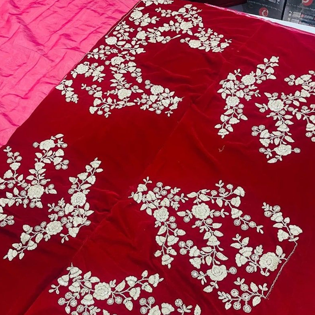 Beautifully Designed Red Organza Saree with Heavy Dori and Sequins Work ClothsVilla