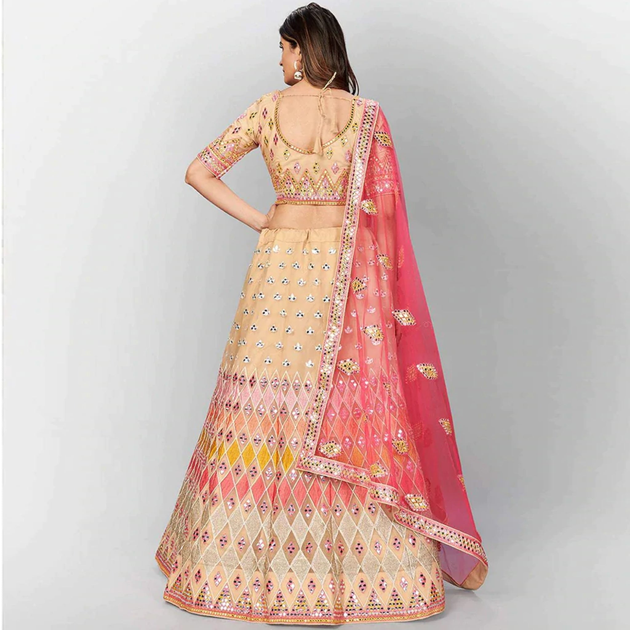 Beige Thread and Foil Mirror Cutwork Lehenga choli ClothsVilla