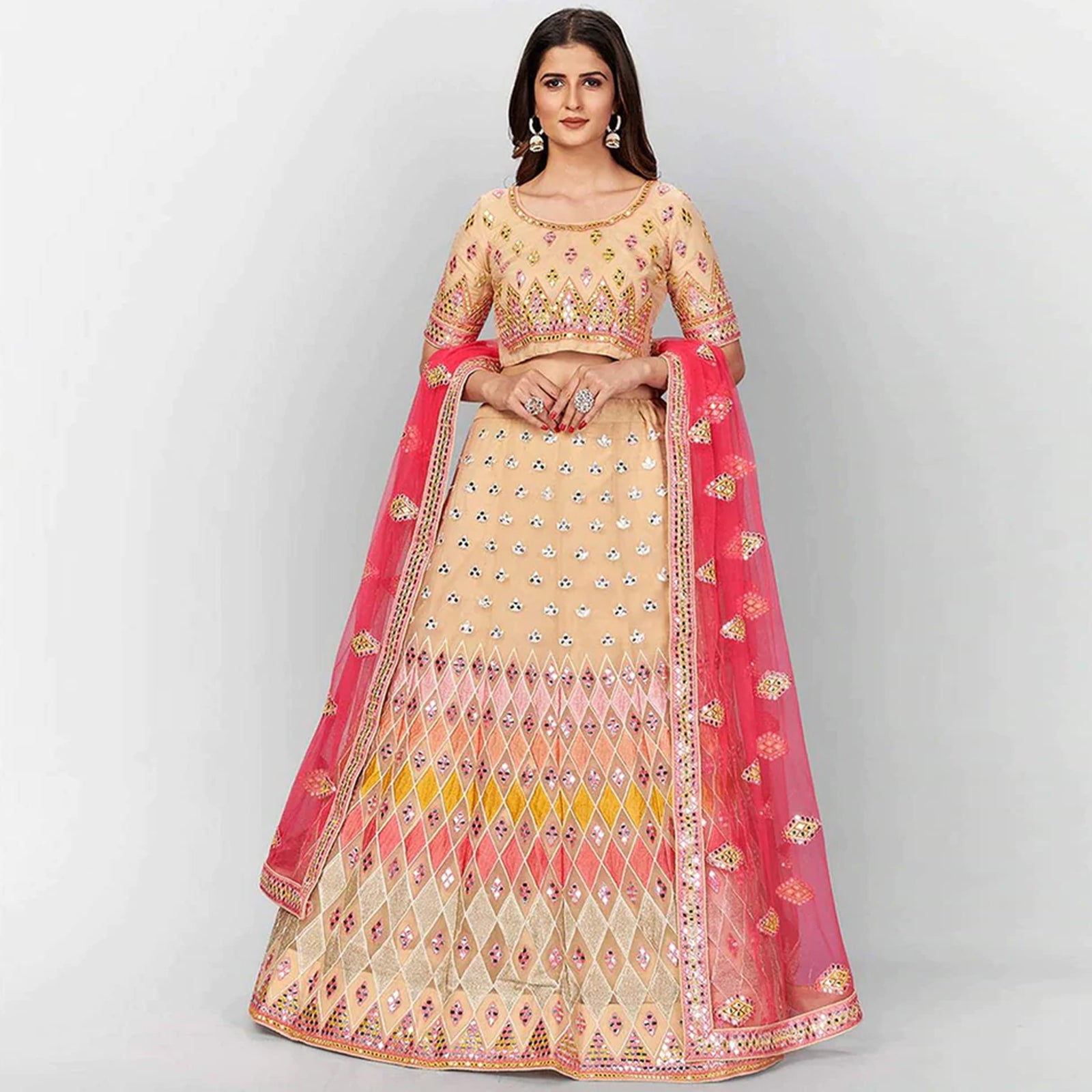 Beige Thread and Foil Mirror Cutwork Lehenga choli ClothsVilla