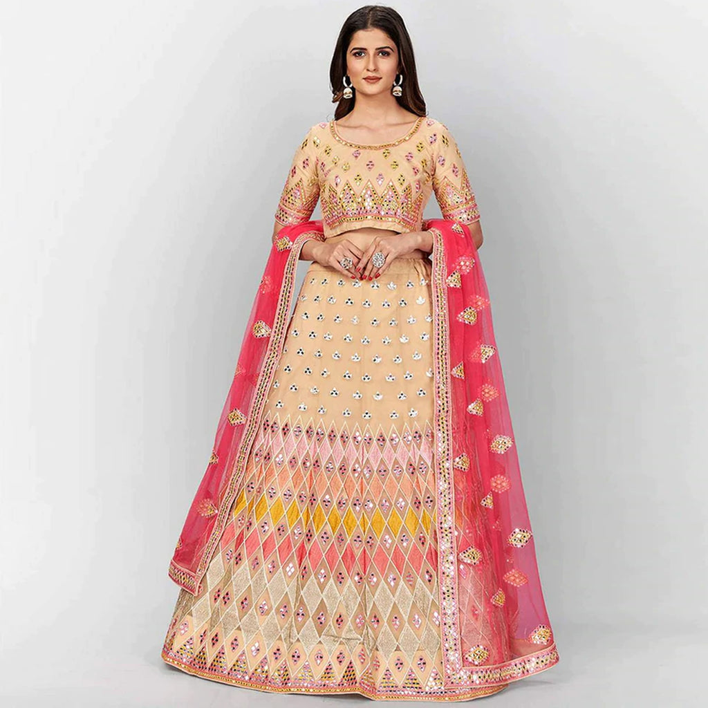 Beige Thread and Foil Mirror Cutwork Lehenga choli ClothsVilla