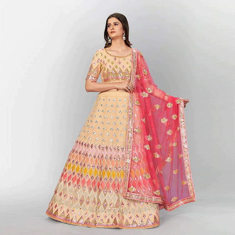 Beige Thread and Foil Mirror Cutwork Lehenga choli ClothsVilla Main image