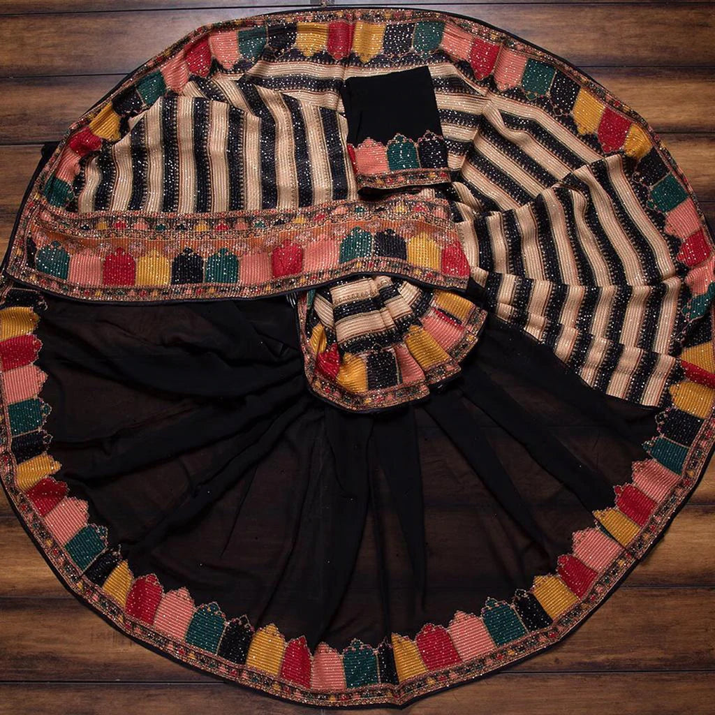Black Georgette printed Saree with Heavy Sequins work ClothsVilla