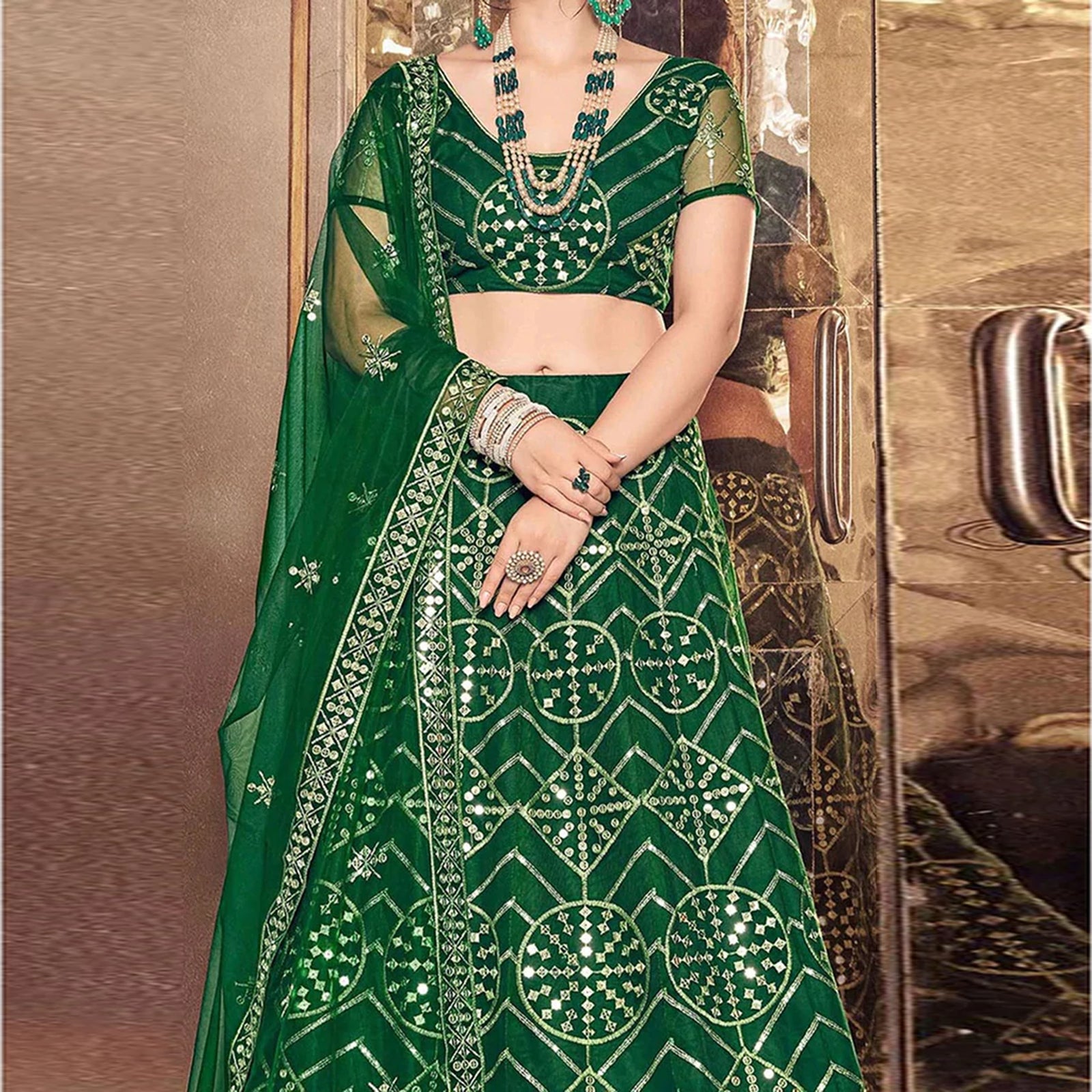 Bottel Green Thread and Sequence work Lehenga choli ClothsVilla