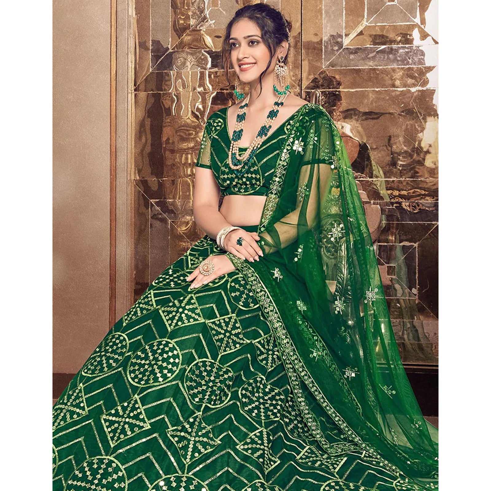 Bottel Green Thread and Sequence work Lehenga choli ClothsVilla