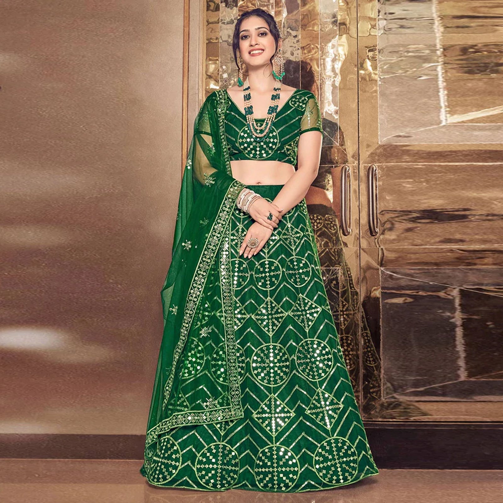 Bottel Green Thread and Sequence work Lehenga choli ClothsVilla