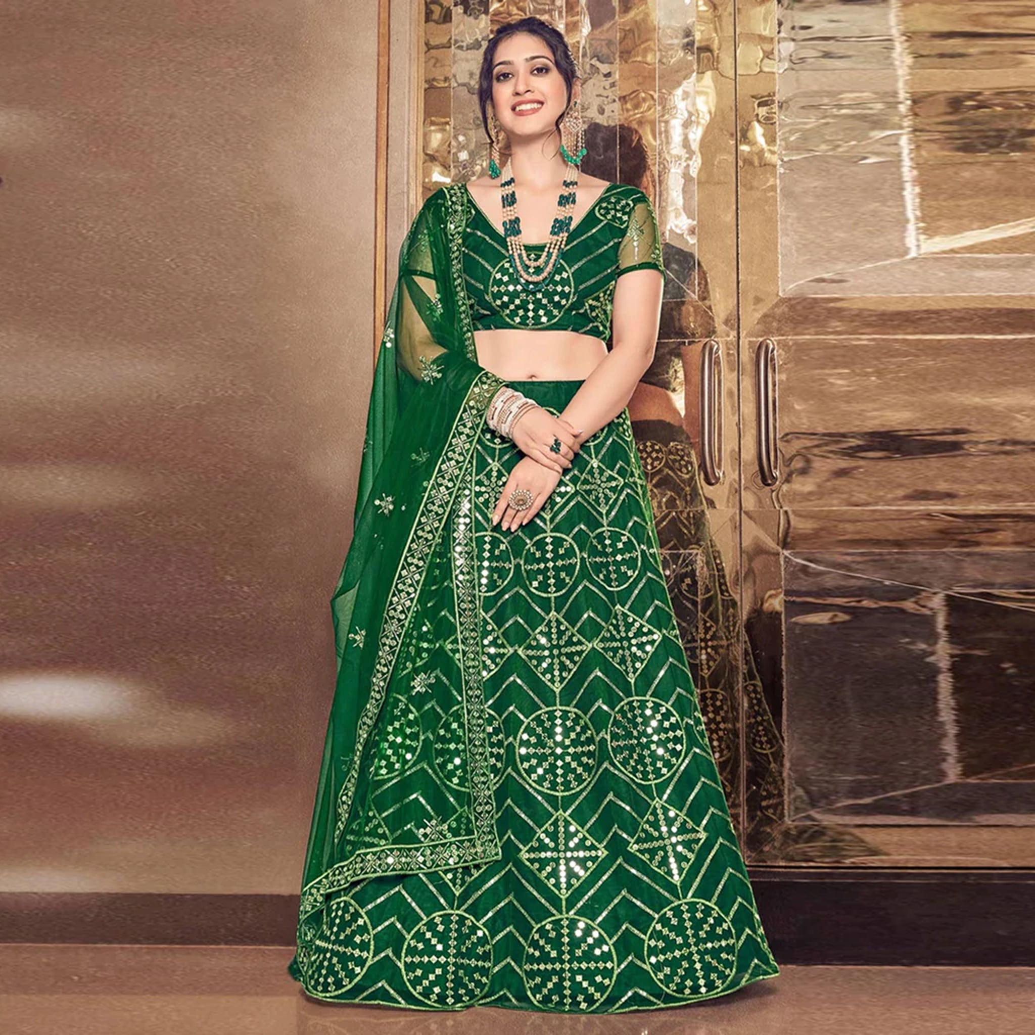 Bottel Green Thread and Sequence work Lehenga choli ClothsVilla Main image