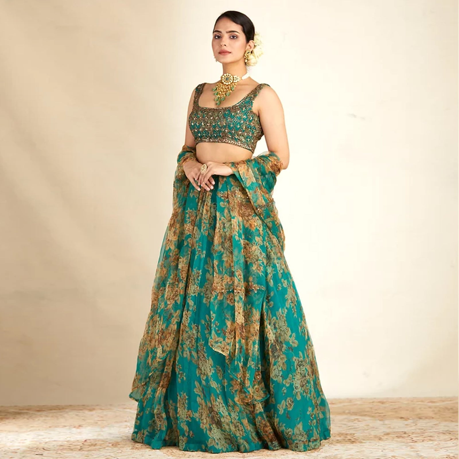 Bottle Green Organza Lehenga Choli with Dori and Sequence Work ClothsVilla