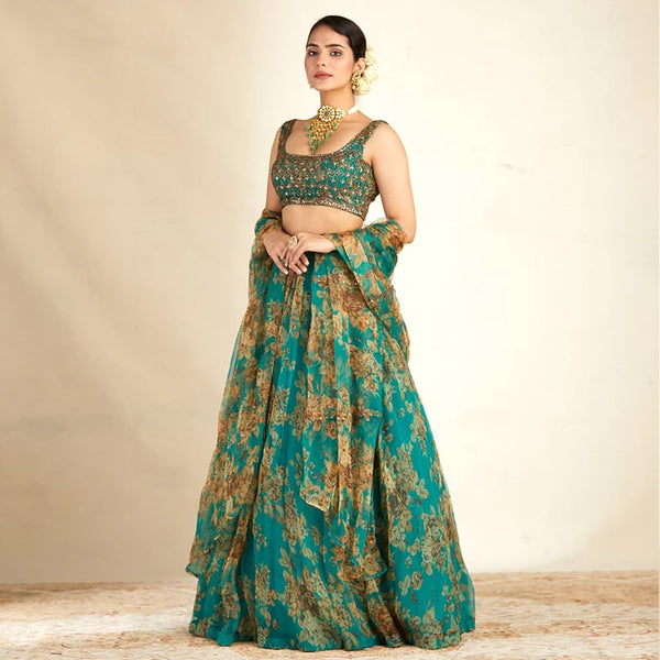 Bottle Green Organza Lehenga Choli with Dori and Sequence Work ClothsVilla